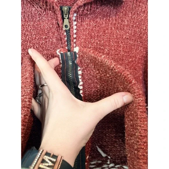Vintage Hand Knit Cowichan Style Wool Zip Sweater Rust Western Chunky Lodge M/L - Picture 2 of 6